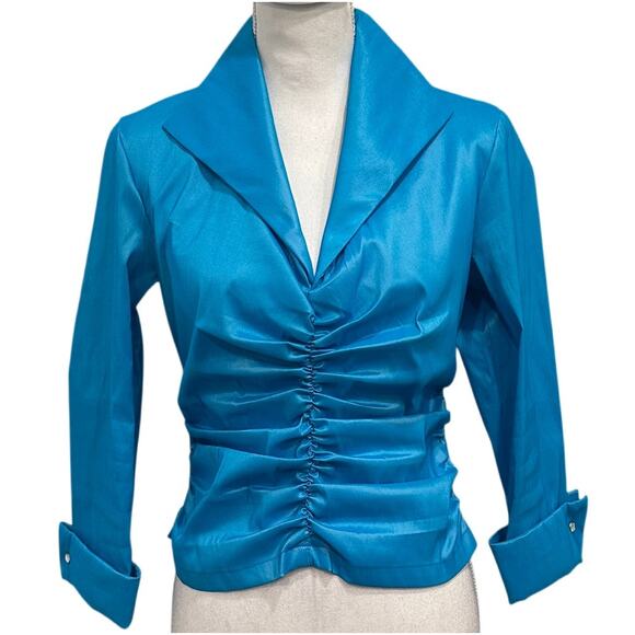 Tadashi Shoji Tops - VTG 80s Tadashi Shoji Turquoise Ruched Iridescent Taffeta Blouse Small Glam Bold